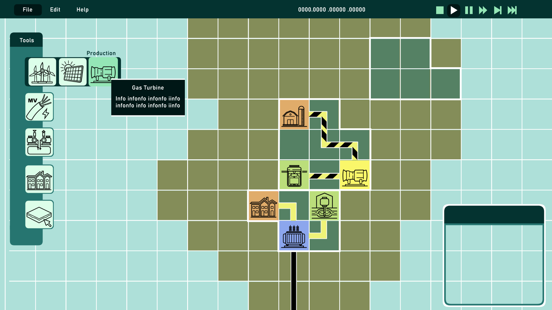Energy grid editor layout: tool palette on the left, grid of cells, placed units, playback controls