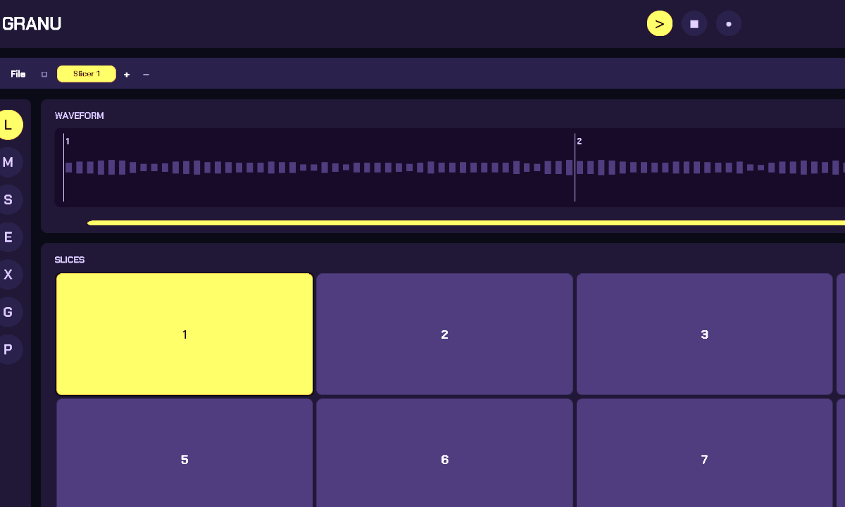 Granu 0.6.3: waveform view above a slice grid, with a left rail of module tabs and loop controls