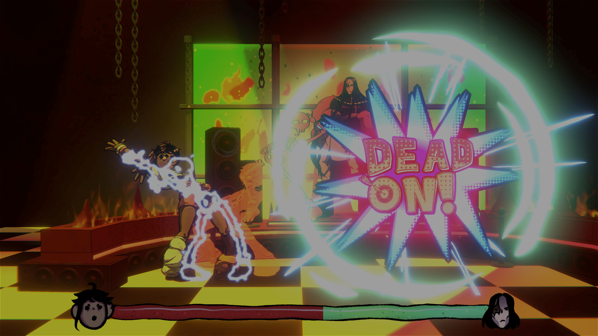 POSER screenshot: a dance battle in a club, with a DEAD ON! burst on screen